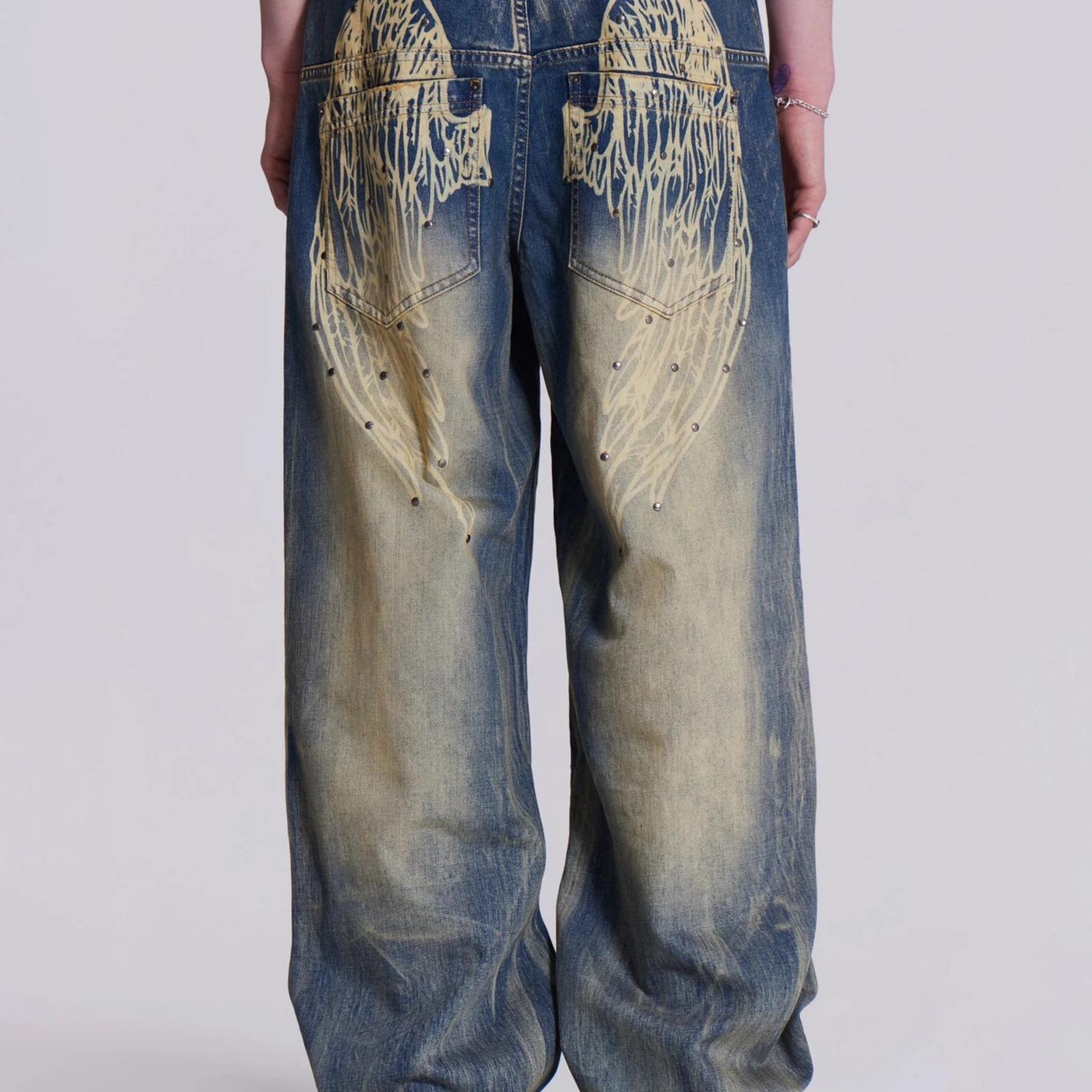 

Retro Wing Print Rivet Wide-Leg Jeans Small