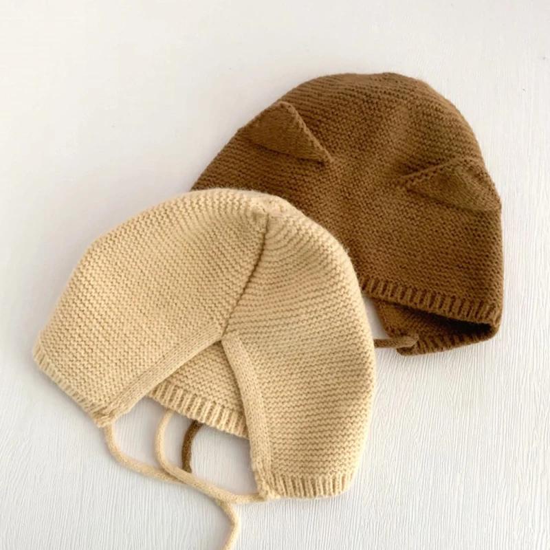 New Cute Autumn Winter Baby Knitted Hat Solid Color Cat Ear Baby Girl Boy Bonnet Infant Toddler Warm Ear Protection Beanie Cap
