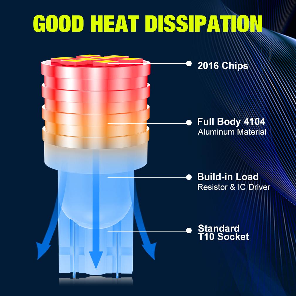 2Pcs T10 LED W5W LED Bulb 194 168 Led 10SMD 2016 Car Wedge License Plate Lamp Dome Light 3000K 6000K White Yellow Green Blue Red Pink