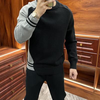 Korean Fashion Autumn Sweaters Men's O-Neck Contrast Color Patchwork Casual Long Sleeve Pullovers Loose Knitted Tops