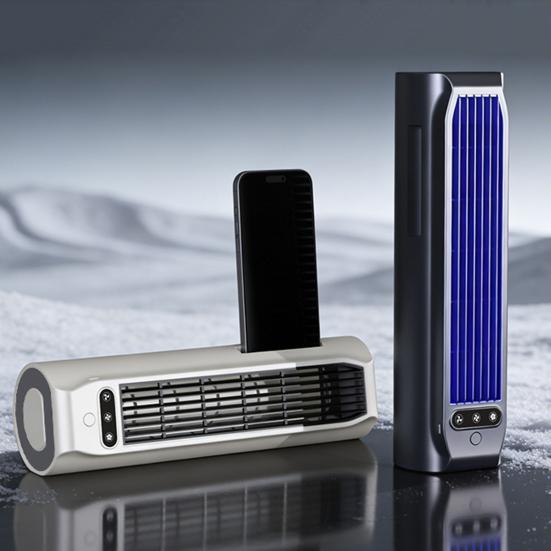 Ventilador de Ar Condicionado Portátil com Suporte para Telefone Embutido, Ventilador Vertical Plano de Parede com 3 Modos, Carregamento USB, Dispositivo de Resfriamento Silencioso Sem Lâminas para