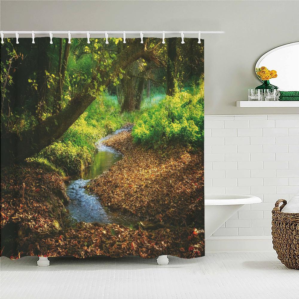 3d Printed Natural Forest Landscape Shower Curtain Waterproof Fabric Waterfall Bathroom Curtains Wall Decoration Large 300x180
