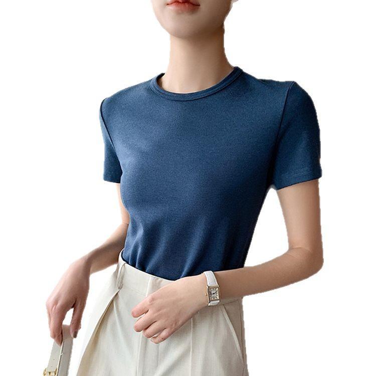 Round Neck Casual Short-sleeved T-shirt for Women's Solid Color New Mercerized Cotton Simple Slim and Versatile Top Loose