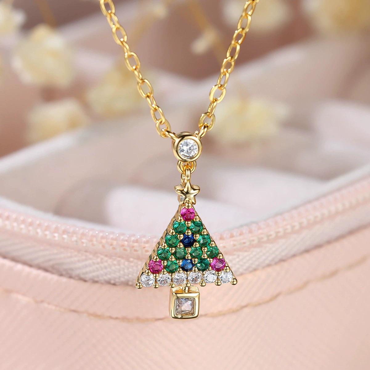 

Gold-Tone Zircon Christmas Tree Pendant Necklace - Luxury Style Accessories