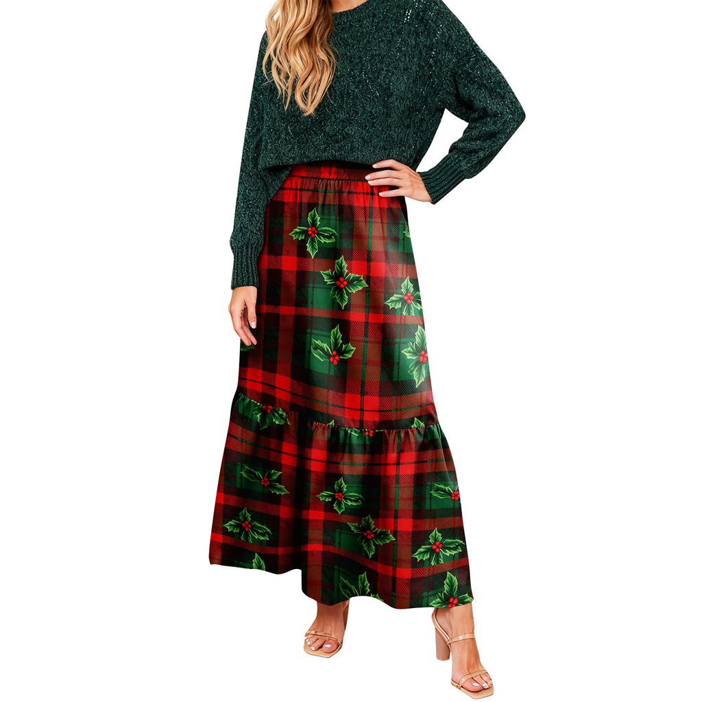 Women's Ruffled Casual Long Skirt Plaid Skirt Retro Pleated Skirt