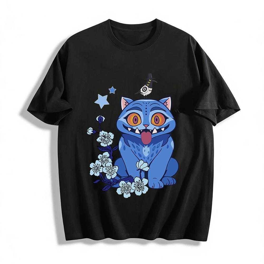 Whimsical Blue Cat Print T-shirt Trendy Weird Bird & Flower Graphic Casual Loose Tee For Men Women Pure cotton T-shirt XXS