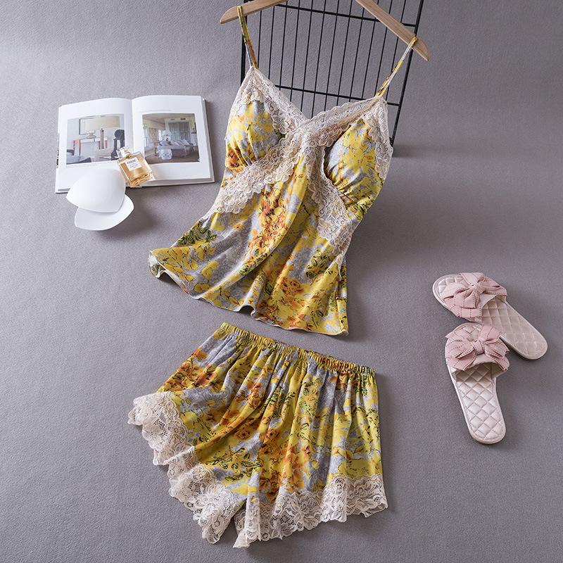 New sexy pajamas women's summer ice silk nightdress suspender shorts loungewear two-piece suit thin Internet celebrity live broadcast