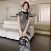 Summer Slimming Striped Knit Dress - Chinese National Style, Short Sleeve, Tummy Covering, H-Line Design, Mid-Length for Women