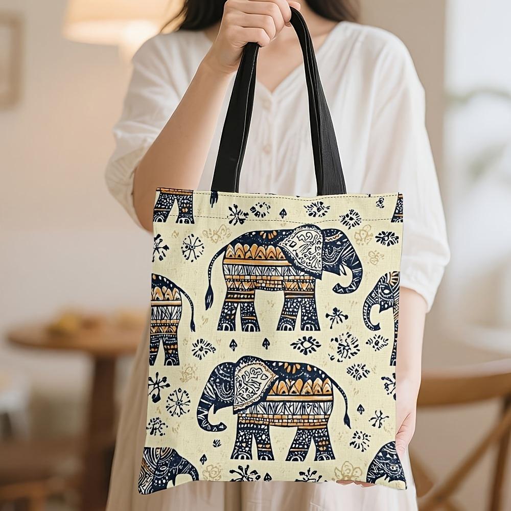 Large Capacity Reusable Elephant Print Tote Bag Bohemia Women Shoulder Handbag Multi-Functional for Daily Use Shopping Bag