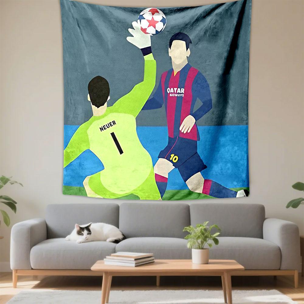 Minimalist Football Illustration Neuer Goalkeeper Saving vs Messi Wall Tapestry Soccer Art Decor for Boys Bedroom Game Room Gift