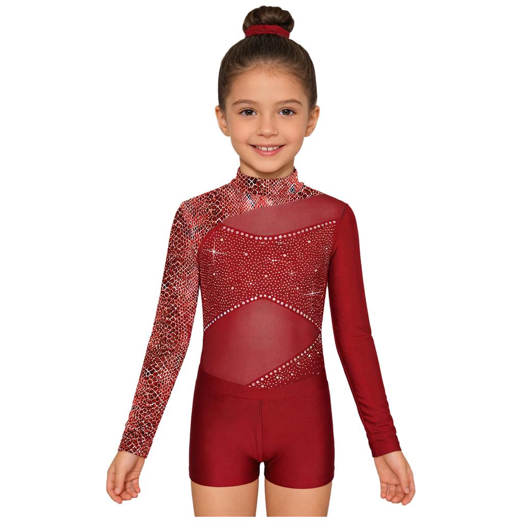 Ensemble Maillot de Gymnastique Danse Fille Manches Longues Impression Papillon Strass Fermeture Éclair Dorsale Body Short Bandeau pour Cheveux