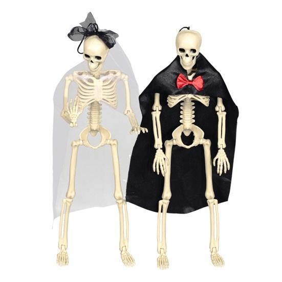 Yousheng Halloween Skeleton Bride Groom Statue 15 Inch Plastic Posable Skeleton Wedding Couple Hanging Ornament with Veils Robe for Haunted House