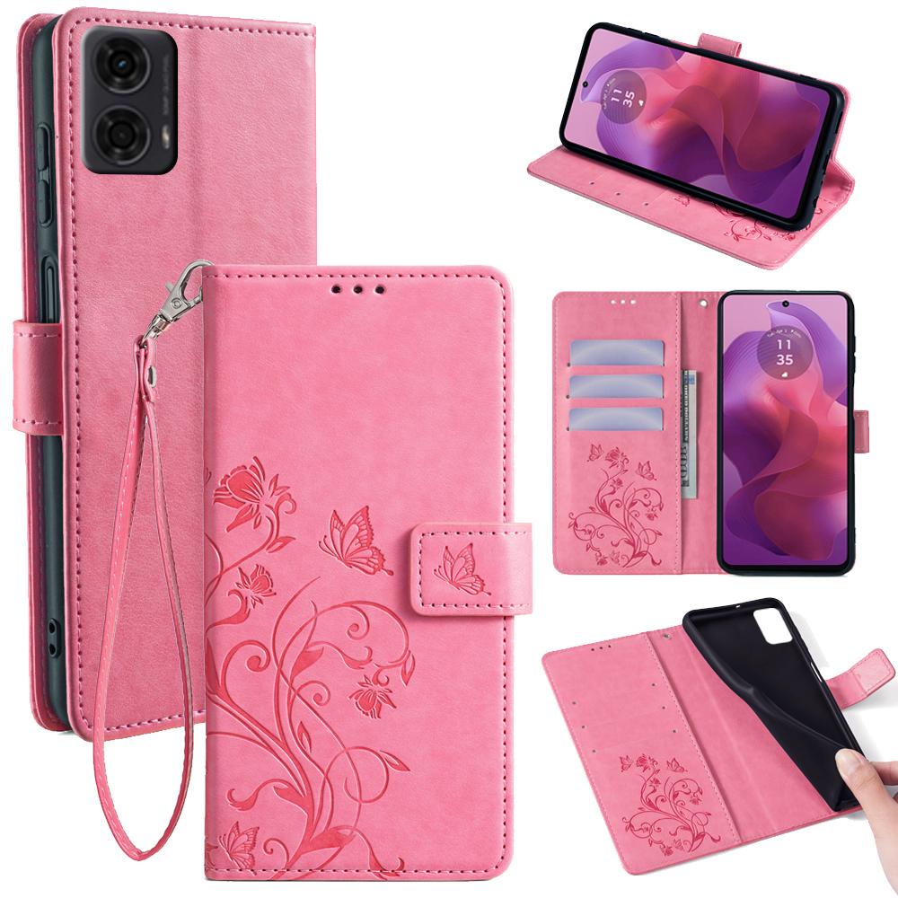 For Motorola Moto E14 4G/G04 4G/G04s 4G/G24 4G Leather Case Wallet Card Slots Butterfly Flower Phone Cover with Strap