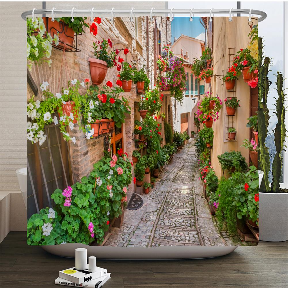 Rural Idyllic Flowers European Garden Shower Curtain Bathroom Waterproof 3d Printed Bath Curtains With 12 Hooks Polyester Cloth