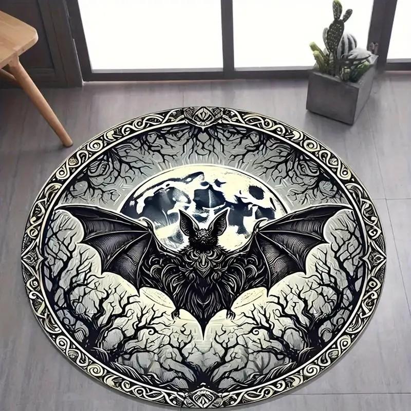 Halloween Bat Round Area Rug Non-Slip Washable Chair Mat for Living Room, Bedroom Decor Gothic Moon Bat Soft Carpet