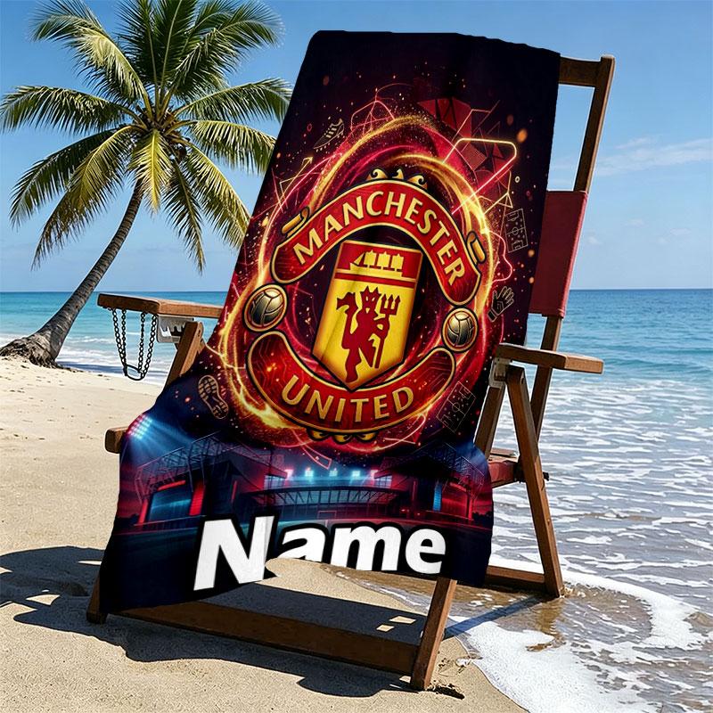 Custom Name Personalized Manchester United Print Beach Towel, for Trip Camping Beach Party Home Decor, Birthday Gift for Family & Friends