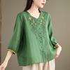 Vintage Hemden Sommer Stickerei Blumenbluse Damen Lässig 3/4 Ärmel Arbeit Blusen Locker Hemd Knöpfe Oberteile