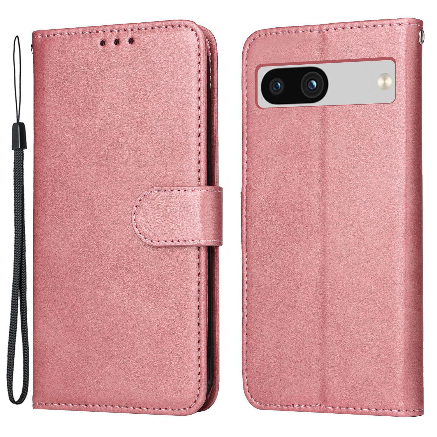 

For Google Pixel 7a Cell Phone Cover Calf Texture PU Leather Wallet Stand Case with Strap Pink