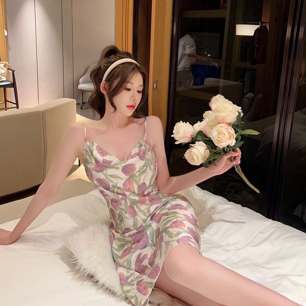 Sexy Pajamas Women's Ice Silk Swinging Collar Animal Crossing Printed Suspender Pajamas Pure Desire Summer French Loungewear