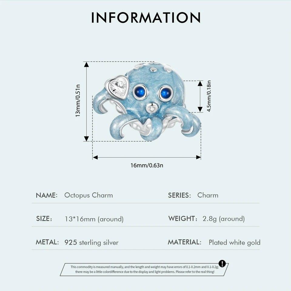 BAMOER 925 Sterling Silver Blue Enamel Octopus Beads Ocean Fish Charms for Women Bracelet Necklace DIY Accessories Jewelry Gift