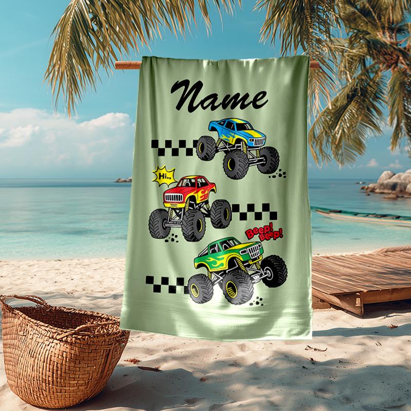Custom Name Ultra-Soft Beach Towel with Truck Theme,Ideal for Pool - Camping, Diving - Perfect Travel Essential, Vibrant Beach Towel.