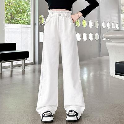 Girls' Spring/Autumn High-Waisted Pants, Medium-Sized Children's Solid Color Casual Wide-Leg Pants