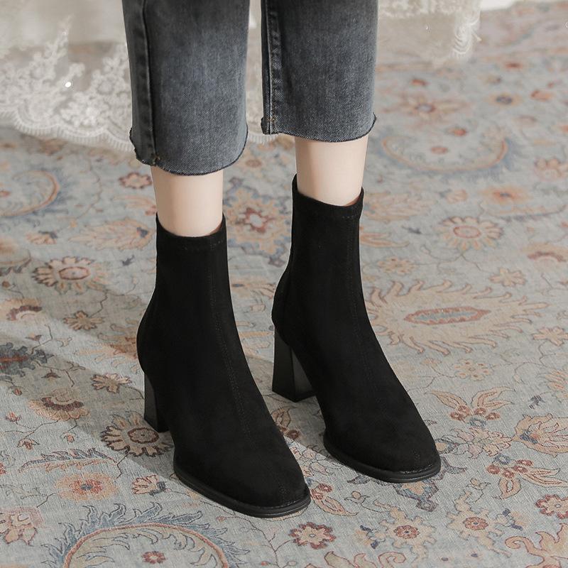 French suede thick heel short boots women's 2025 new rear zipper square head thin boots daily wear high heel women's boots