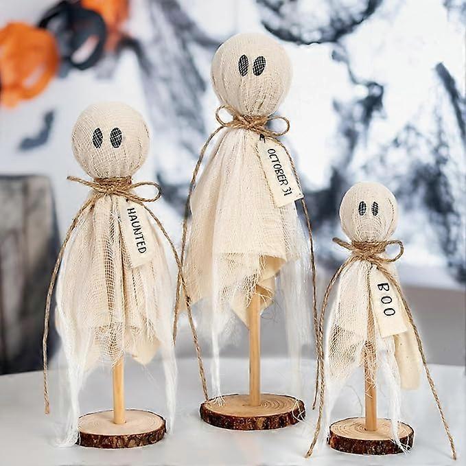 Halloween Decorations Indoor - Set of 3 Primitive Halloween Ghosts On Wooden Stand for Table Centerpieces, Shelves, and Mantels - Spooky Halloween Dec