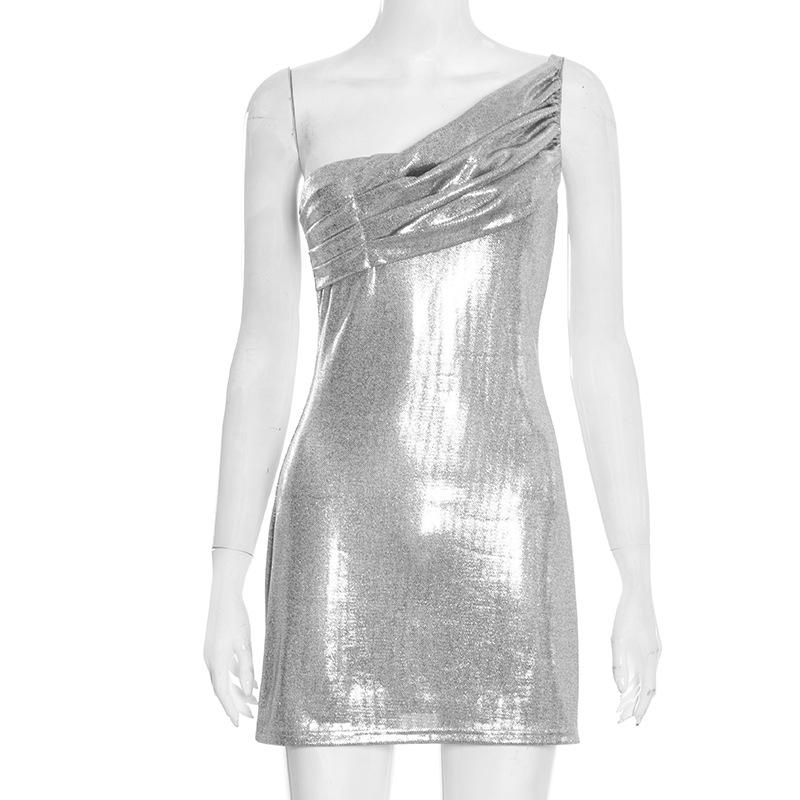 Q25DS459 Women s Sleek Spring One-Shoulder Asymmetrical Short Dress: Solid Color, Slim-Fit, Sleeveless. S серебряный