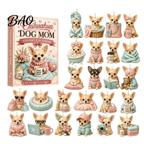 Scatola Regalo Sorpresa Giornaliera Calendario dell'Avvento per Cani da 24 Giorni, Carini Ornamenti Appesi Piatto 2D Chihuahua, Ornamenti da Collezione per le Feste per la Casa Diversi Acrilici
