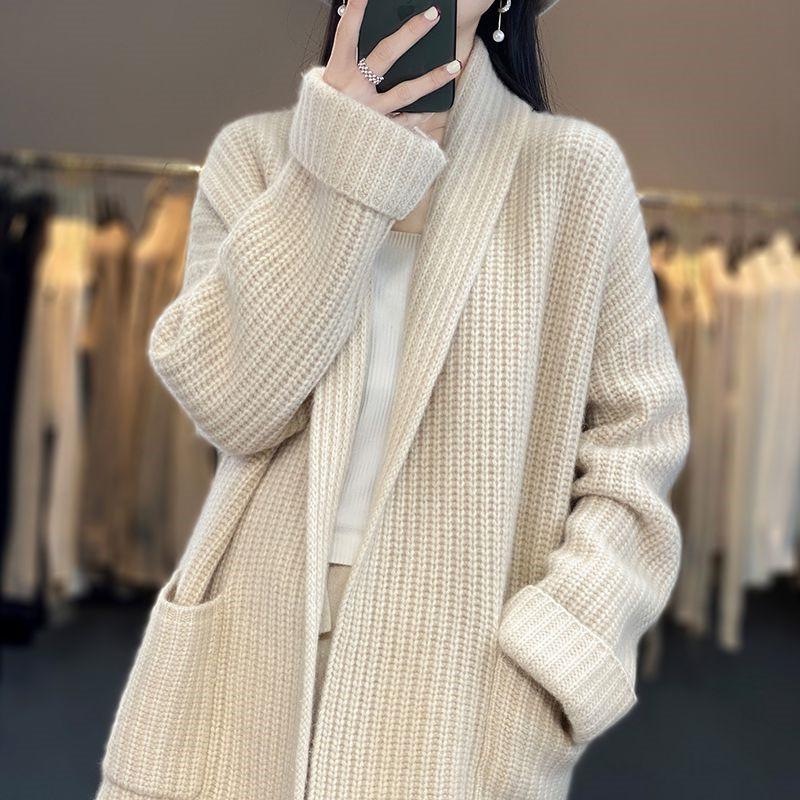 Women Autumn/Winter Knitted Cardigan Sweater Pockets Long Sleeve Jacket Korean Style Elegant Casual Loose Knitwear