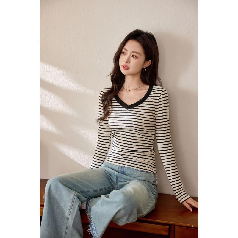 Women S V Neck Striped Long Sleeve Slim Fit T Shirt