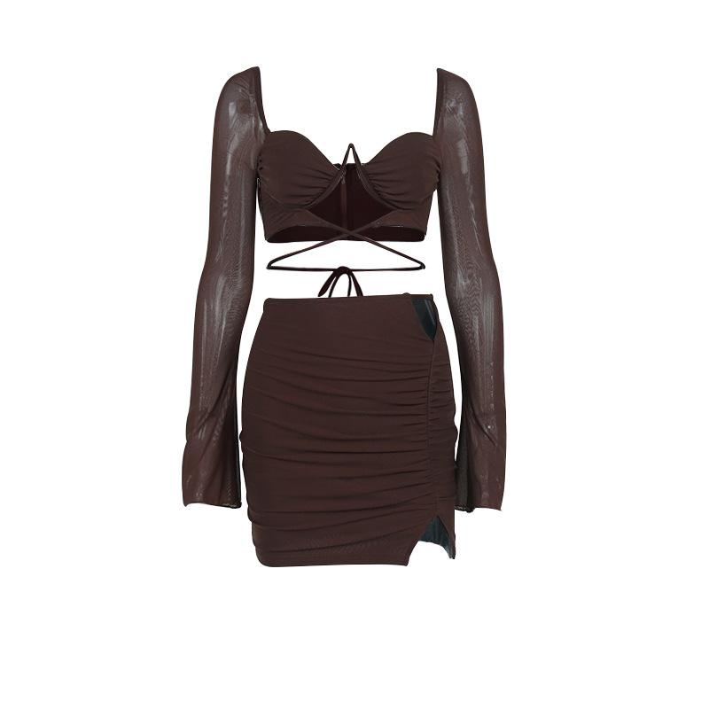 European and American fashion suit, sexy new mesh hollowed-out straps, crop top, short skirt set, two-piece set.