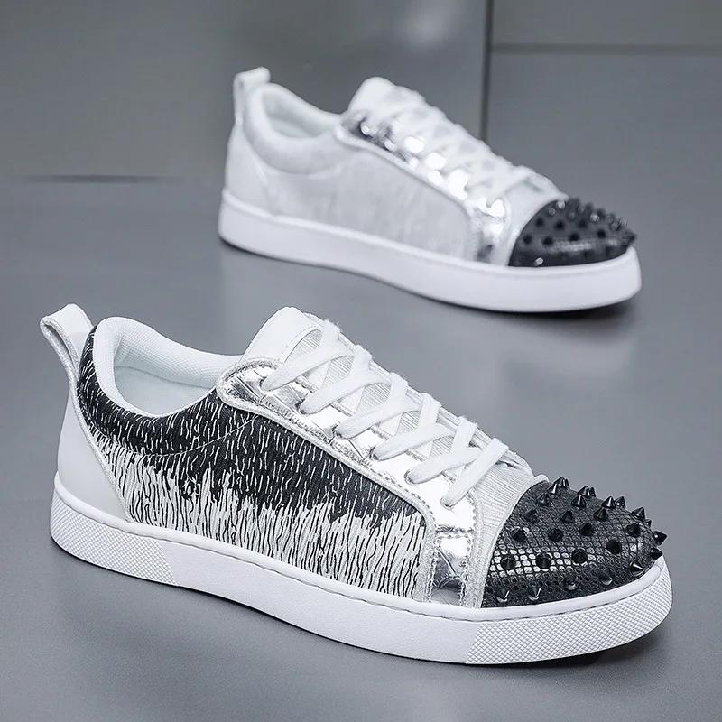 Sneakers Casual Men Designer Rivet Bling Punk Board Shoes Fashion Microfiber Leather Fabric Height Increased Flat Platform Shoes