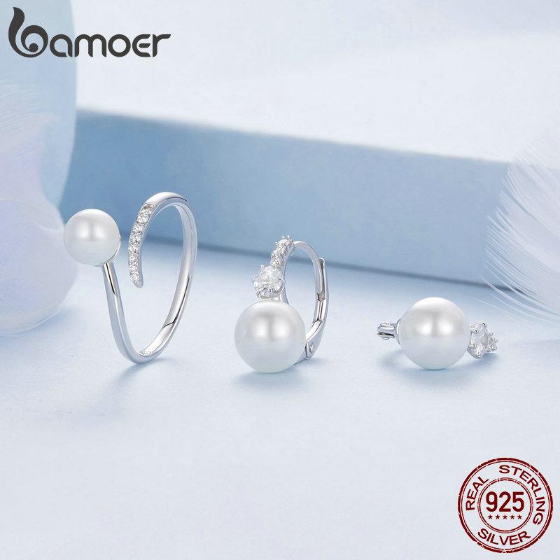 

BAMOER, стерлинговое серебро 925 пробы, элегантное качество, жемчужная пряжка для ушей, открывающееся кольцо с кубическим цирконием для женщин, комплект ювелирных изделий 925 silver