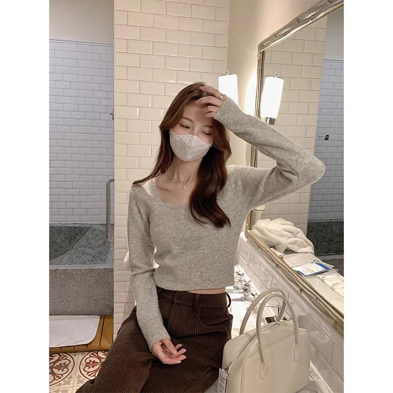 

Горячая девушка сексуальный ключица квадратный вырез свитер пуловер свитер для женщин осень и зима утягивающий утолщенный свитер низ внутренний верх One Size