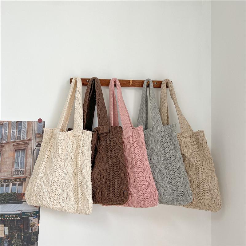 Yogodlns Women Hollow Out Knitted Tote Handbag Solid Color Top Handle Woven Beach Lightweight Elegant Portable Crochet Shoulder Bag