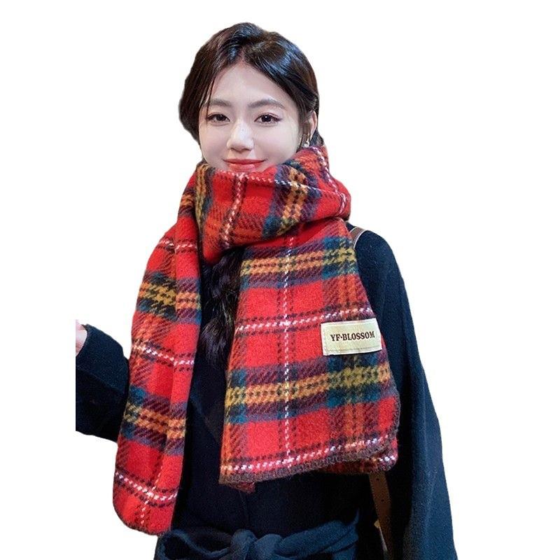 New Red Plaid Retro Lock Imitation Cashmere High End Couple Versatile Autumn and Winter Student Scarf Scarf Female Shawl