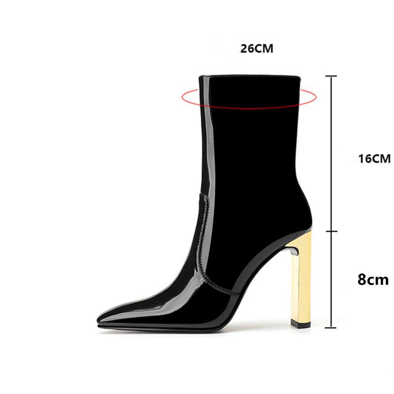 Herbst Winter Lackleder Mode Damen Stiefeletten Elegant Eckige Zehenpartie Metall Gold Hohe Absätze Chelsea Kurze Stiefel Schuhe