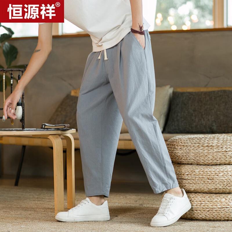 Hengyuanxiang Men s Chinese Style Cotton Linen Cropped Pants M
