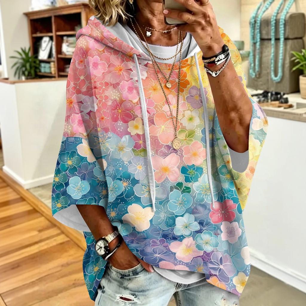Women's Drawstring Hoodie Retro Floral Print Loose Fit Casual Sweatshirt