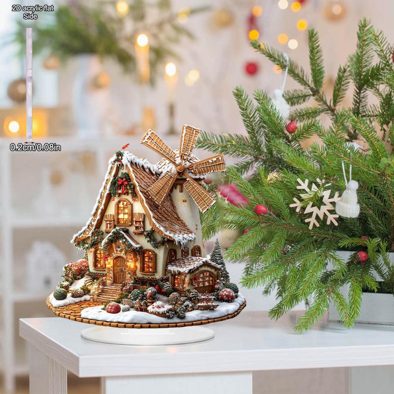 2D Flat, Gingerbread Wooden Cabin Acrylic Acrylic Desktop Decoration, with Base, Suitable for wall decoration, porch, room, villa, accents Home, Hallw