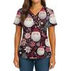 Women's Christmas Print V-Neck Double Pocket Short Sleeves Hem Slit  Uniform And Caregiver Top
