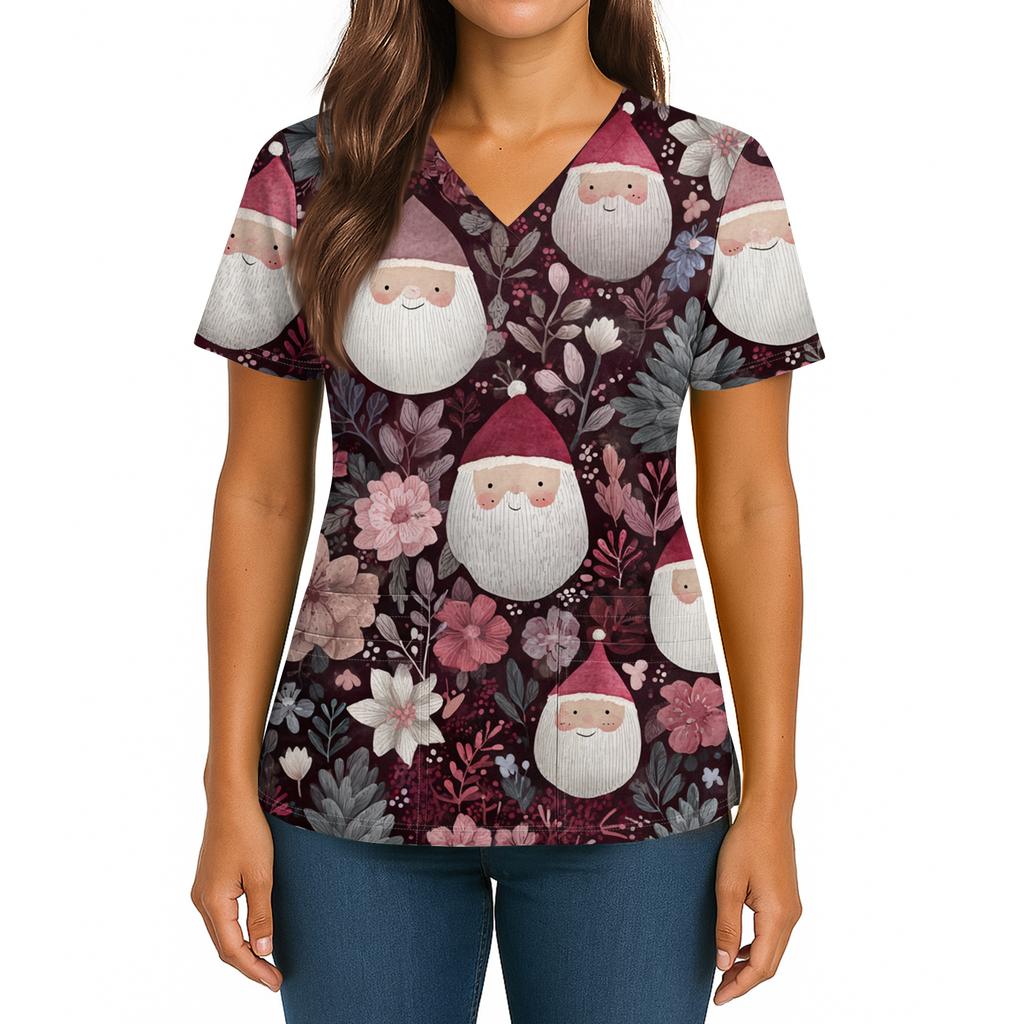 Women's Christmas Print V-Neck Double Pocket Short Sleeves Hem Slit  Uniform And Caregiver Top