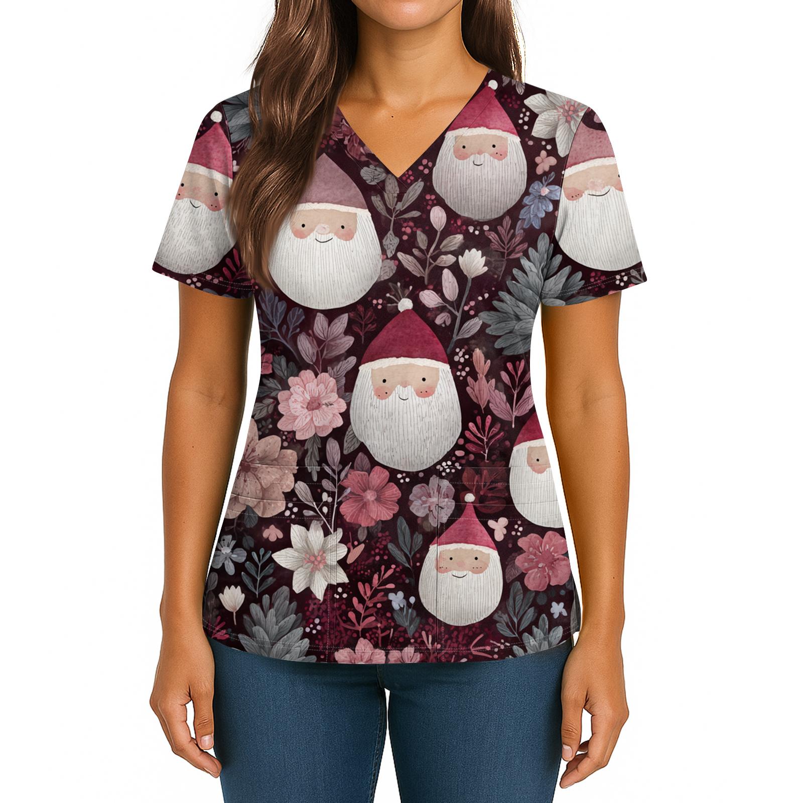 

Женская футболка с рождественским принтом, V-образным вырезом, двумя карманами, короткими рукавами, разрезом по подолу, униформа и топ для сиделки XXXXXL винный