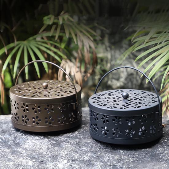Metal Repellent Incense Coil Holder with Lid Handle Heavy Duty Hollow Spiral