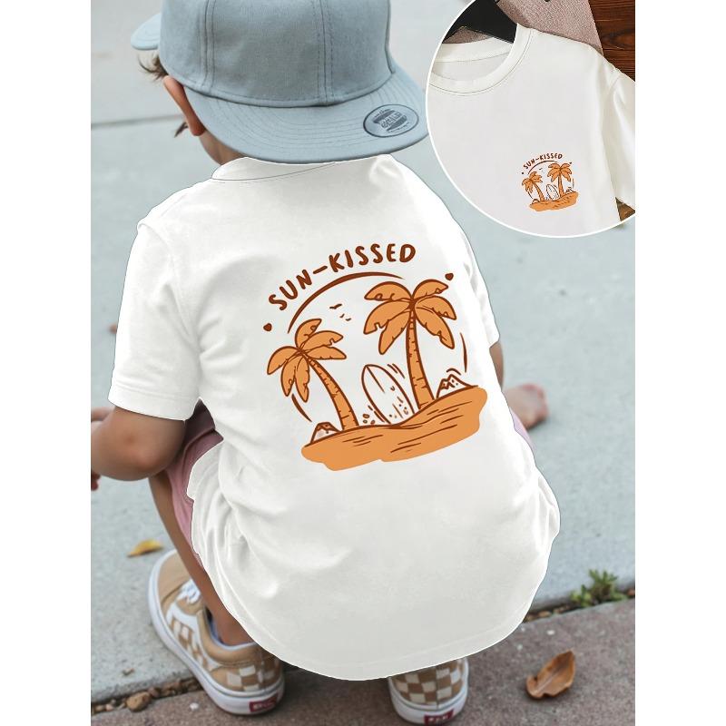 European sizes Boys  Summer Casual Fashion Short-Sleeve T-Shirt with Front and Back Prints, Tan Palm Tree and Surfboard Print 110 белый