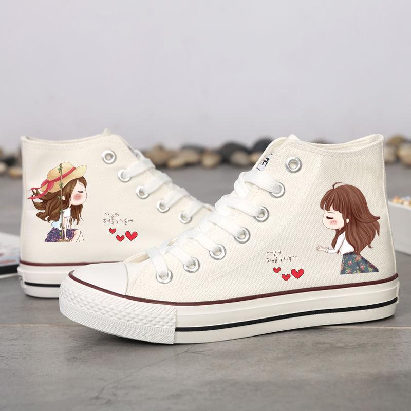 Dámské Boty Jarní Vysoké plátěné Boty Dámské Ploché Ležérní Deskové Boty Studentky Graffiti Boty Korejská verze Wild Cloth Boty Tide