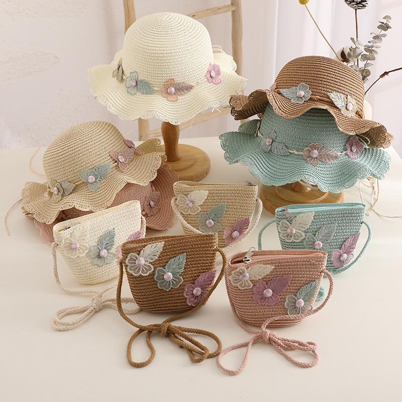 Nuovo Cappello di Paglia per Bambini Cappello da Spiaggia da Donna Borsa Intrecciata in Paglia Set Due Pezzi