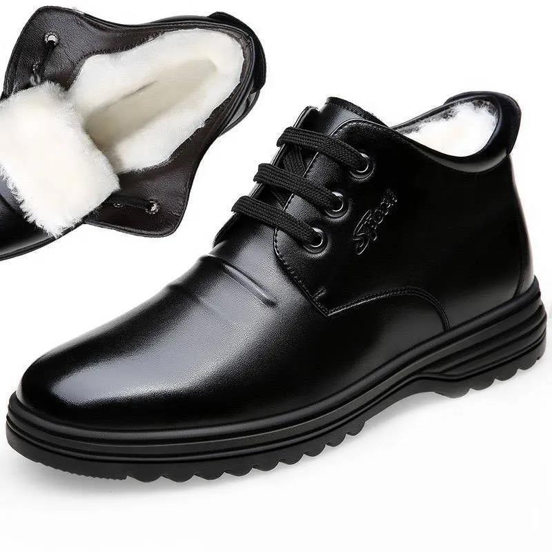 Winter Cotton Shoes Men's Soft Leather Piled Thickened Snow Boots with Integrated Fur Non-slip High-top Warm Cotton Boots